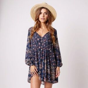 Free People Lucky Loosy Indigi Blue Floral Long Sleeve Swing Tunic Dress Size M